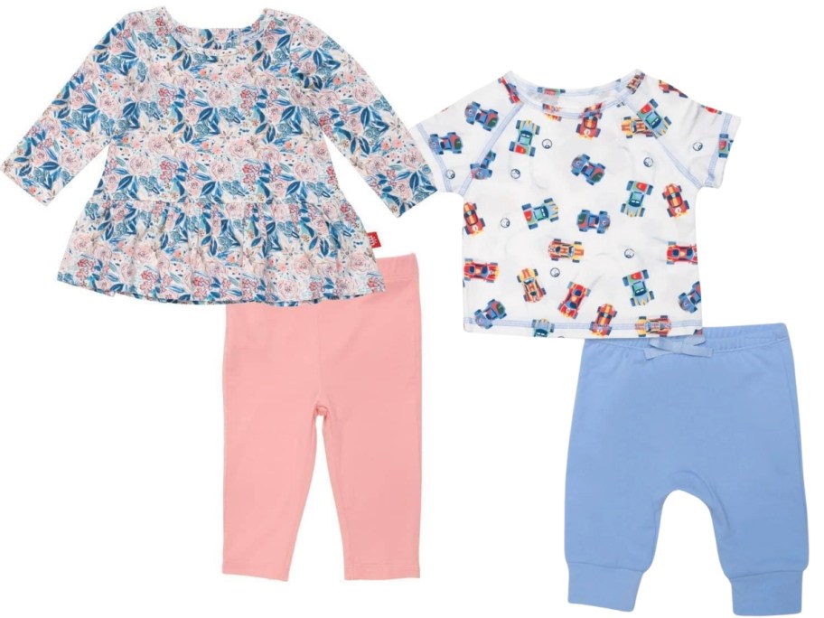 baby 2 piece floral top and pink leggings set and a baby 2 piece race cars and blue pants set