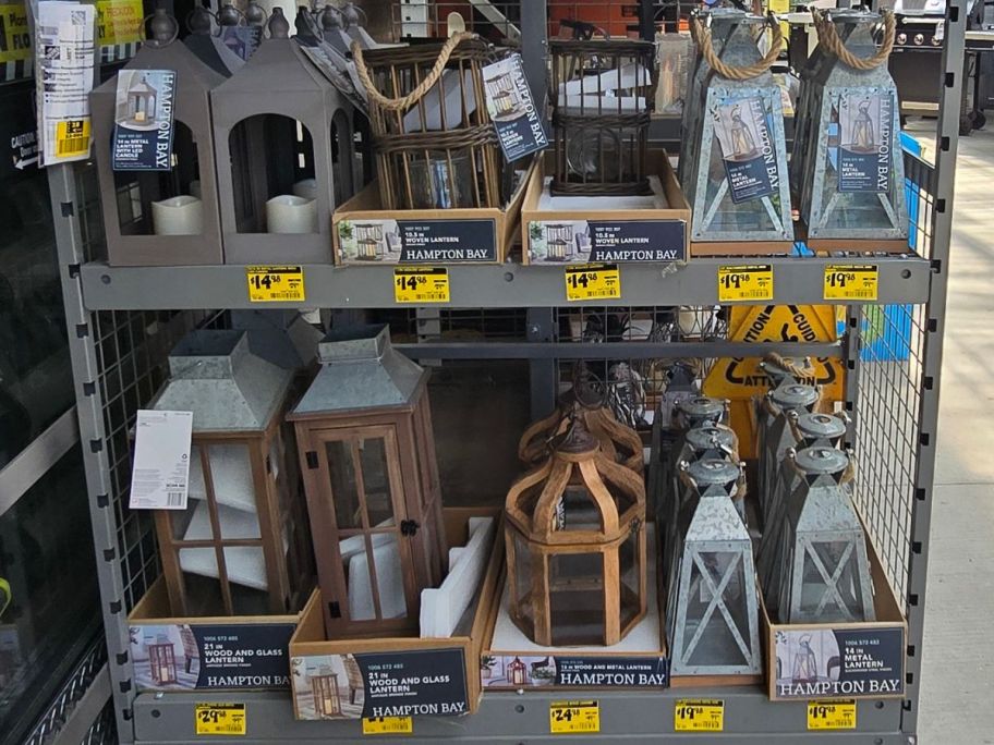 A display of Hampton Bay Lanterns on clearance at Home Depot