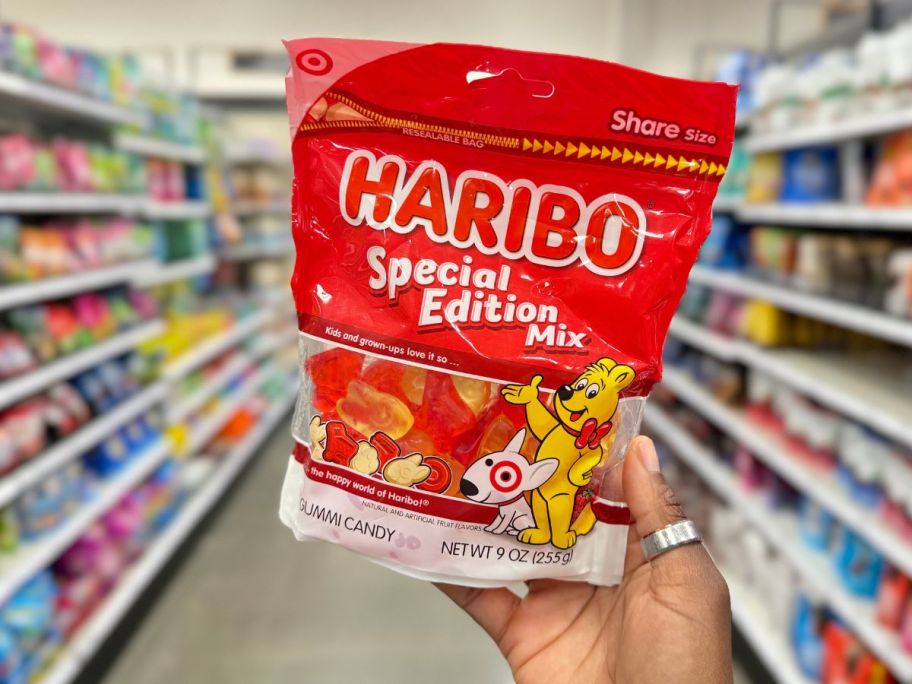 A hand holding Haribo Special Edition Mix in Target