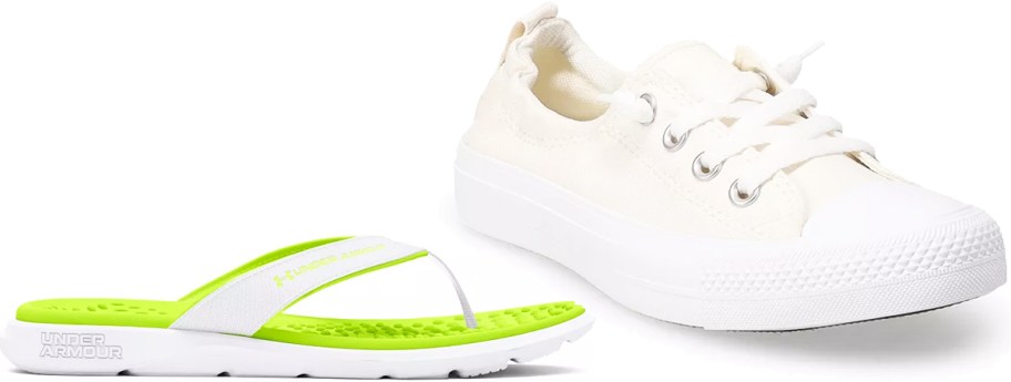 green flip flop and white sneaker