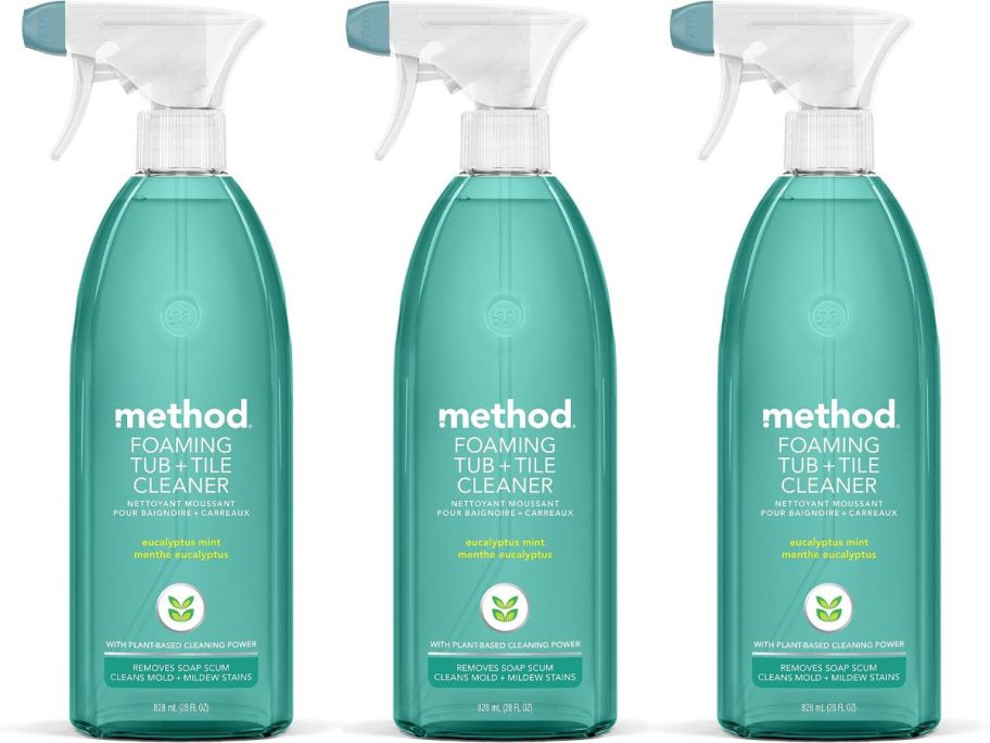 3 bottles of Method Foaming Tub+Tile Cleaner 28oz in Eucalyptus Mint