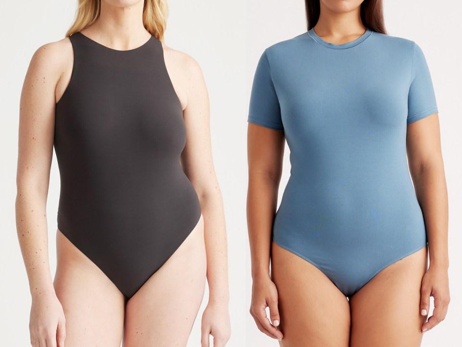 women in black and blue bodysuits