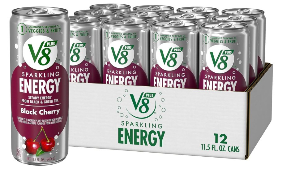 Stock image of V8 +Energy Sparkling Black Cherry Juice Energy Drink 12 Pack