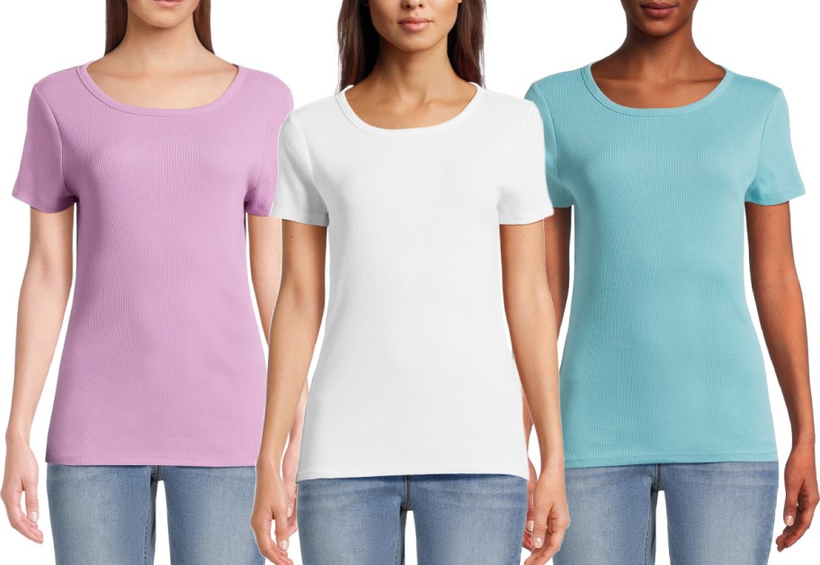 Three stock images of women wearing tshirts