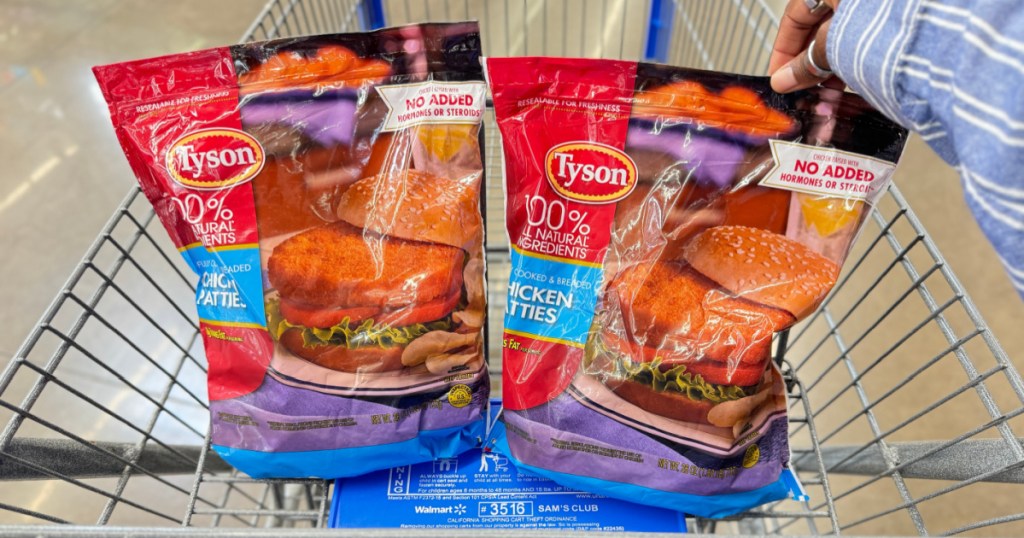 2 bags of frozen Tyson Chicken Patties in walmart grocery cart