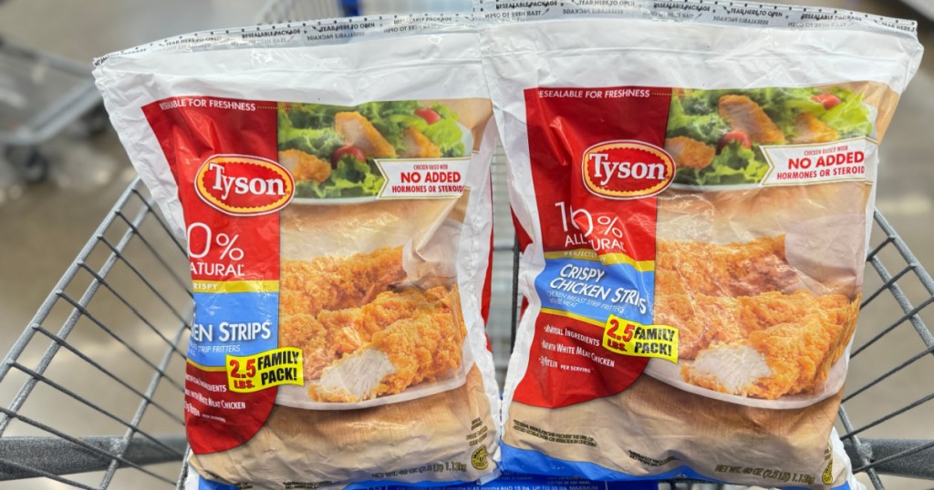 2 bags of frozen Tyson Chicken Strips in walmart cart