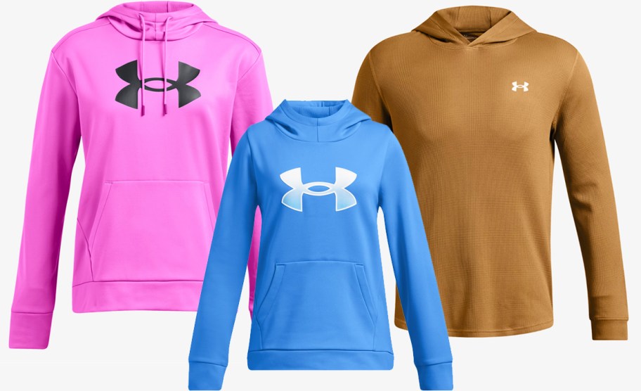 pink, blue, and brown under armour hoodies