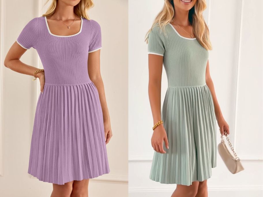 2 women wearing pleated dresses 