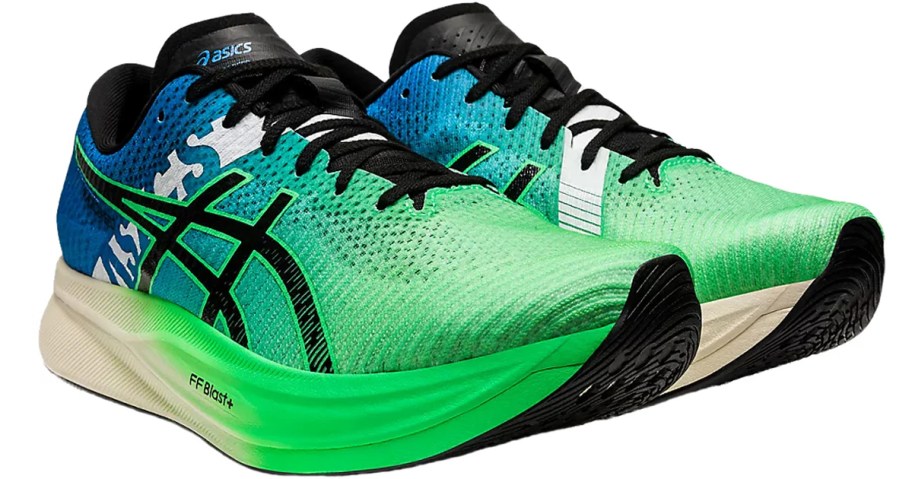 green, blue, and black asics shoes 