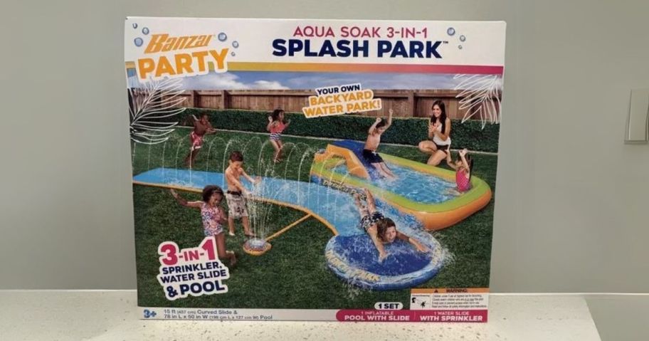 Banzai 13.75' Aqua Drench 3-in-1 Splash Park box on counter
