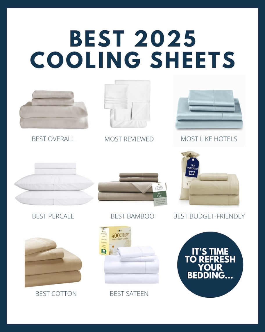 collage graphic of the best 2025 cooling bed sheet