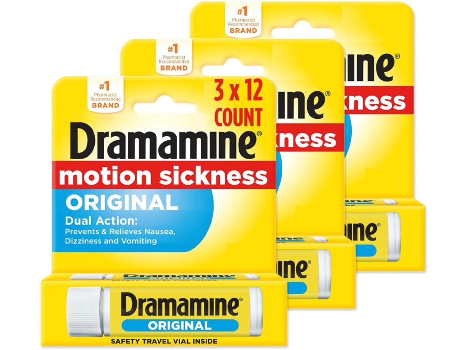 three dramamine original motion sickness tables boxes