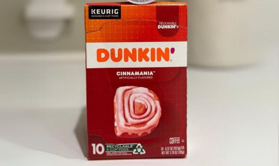 A 10-count box of dunkin cinnamania coffee k-cups