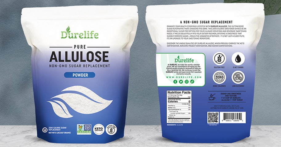 front and back image of 5 pound bag of durelife allulose sweetener