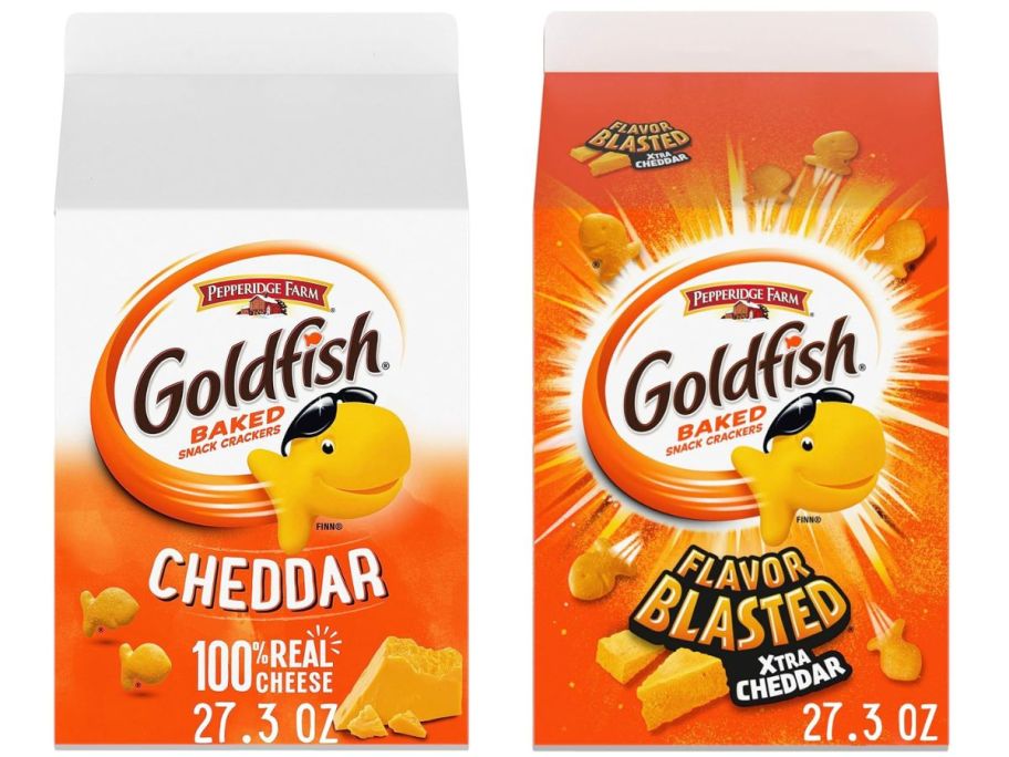 large box of goldfish cheddar crackers next to large box of goldfish flavor blaster crackers