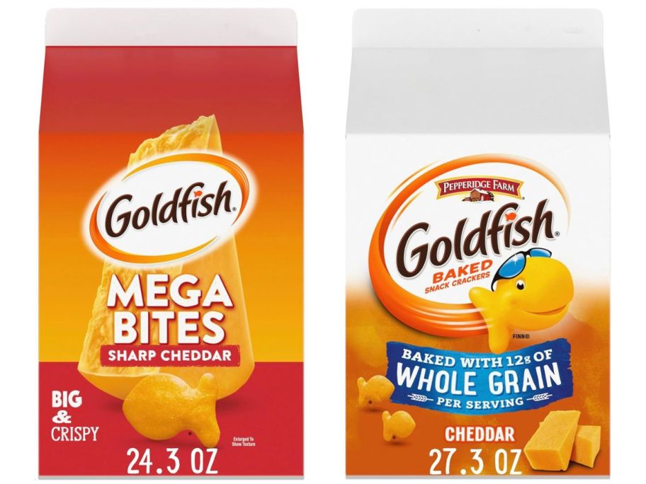 large box of goldfish mega bites crackers next to large box of goldfish baked with whole grain crackers