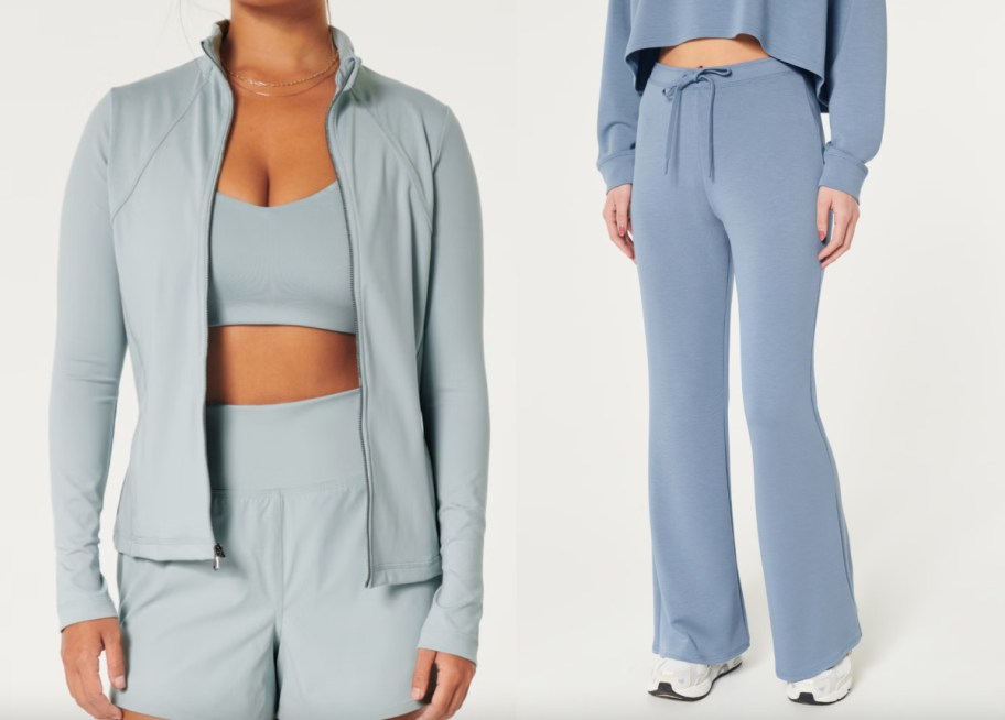 grey zip up jacket and blue flare pants