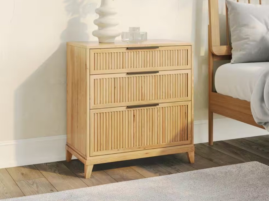 oak color reeded 3 drawer dresser