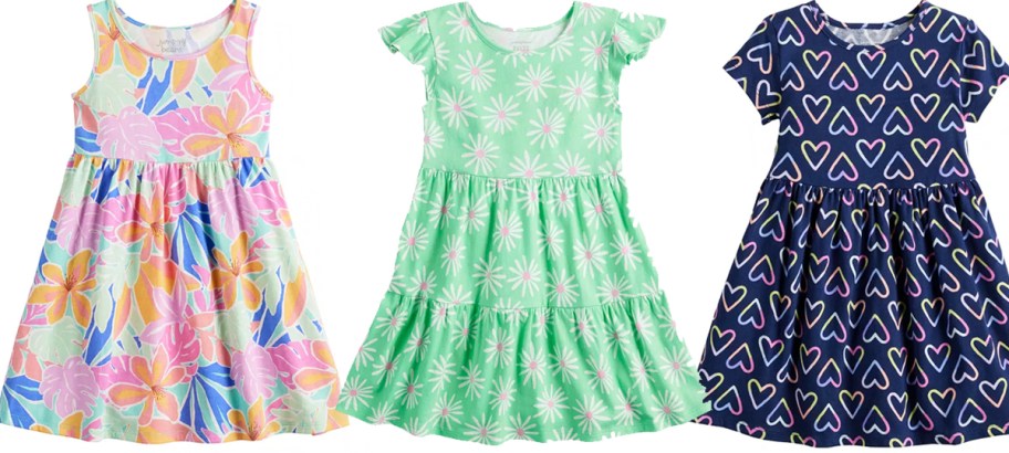 rainbow, green, and blue girls dresses