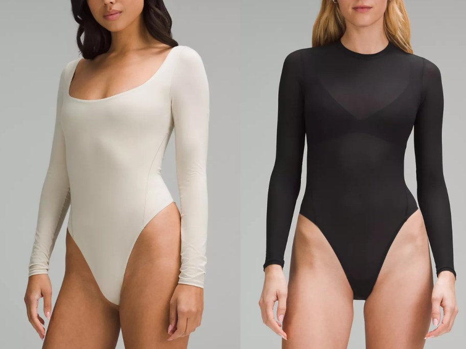 woman wearing an off white long sleeve bodysuit and woman wearing a black mesh long sleeve bodysuit