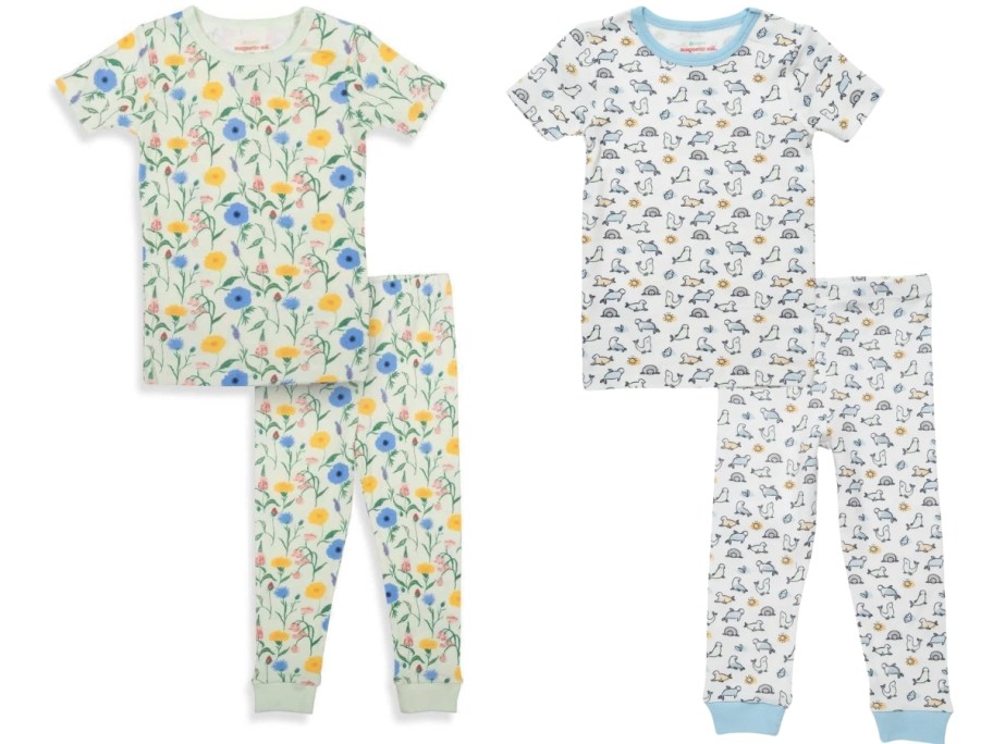 toddler short sleeve top and pants pajama sets, 1 in florals and 1 with seals