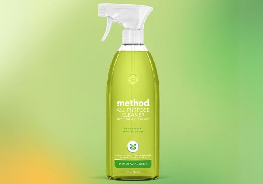 a bottle of method method all purpose spray cleaner in Lime and sea salt on green and yellow gradient background