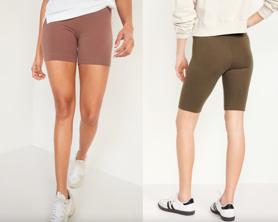 maple brown biker shorts and olive long biker shorts