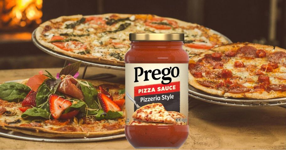 Prego Pizzeria Style Pizza Sauce, 14 OZ Jar with three pizzas behind it