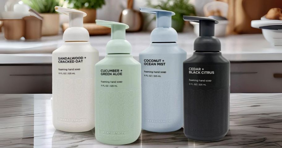 four Scent Theory 11oz Foaming Hand Soaps on counter