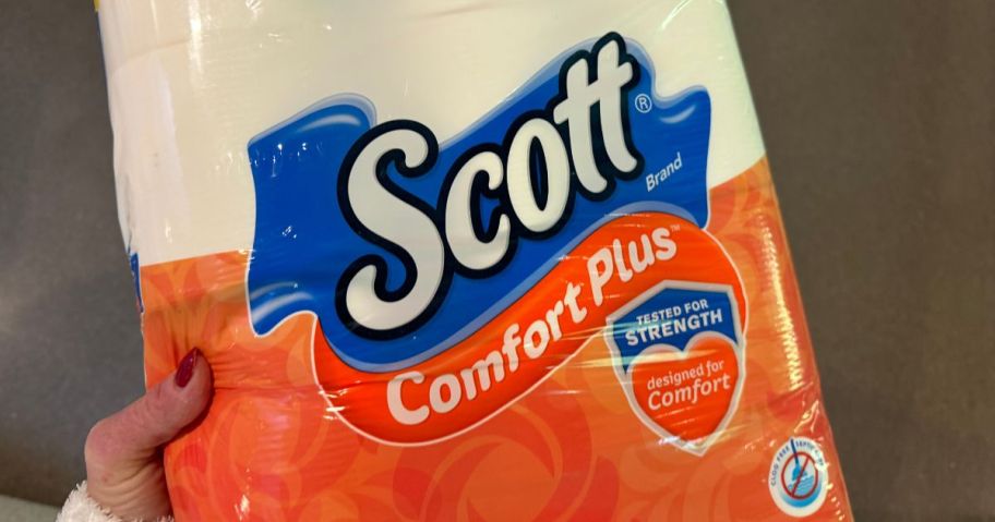 scott comfortplus toilet paper package in hand