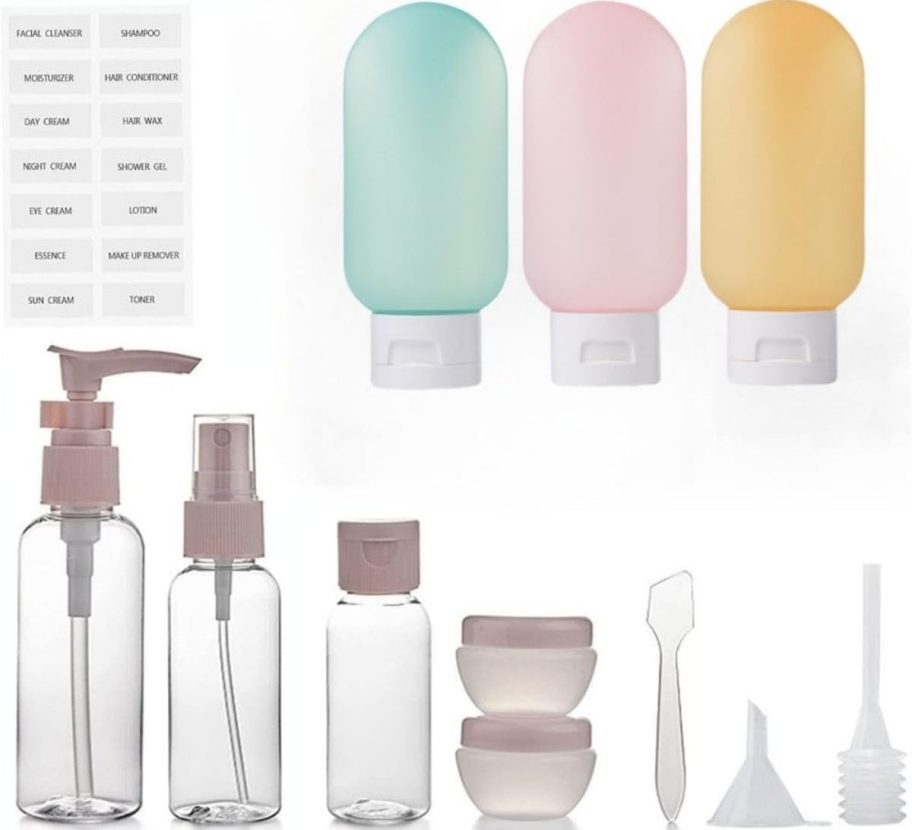 travel toiletry containers, funnels, spatula and labels