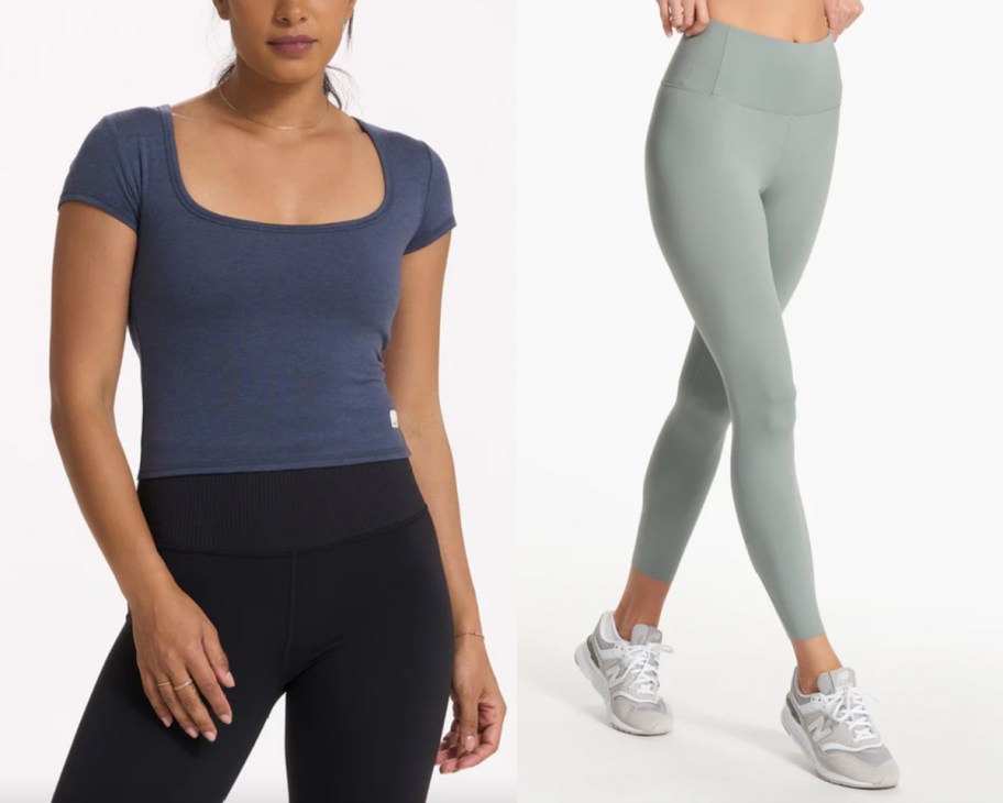 blue short sleeve crop and sage leggings