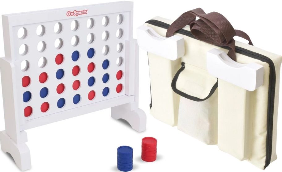 a 12 inch wooden 4 in a row game with carrying case