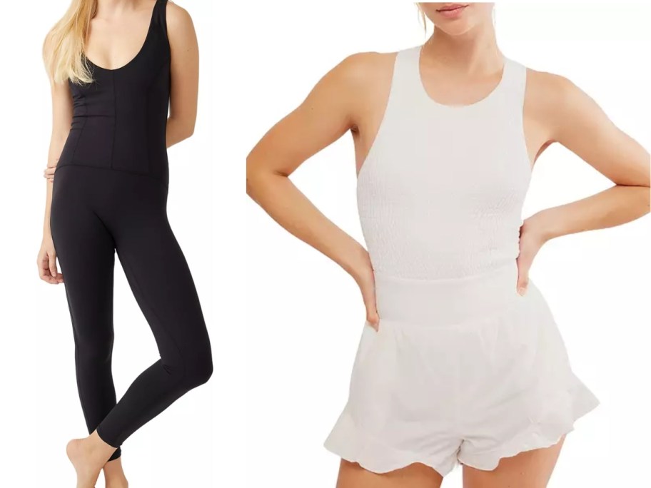 woman wearing a black one piece workout suit, and woman wearing a white one piece short onesie with ruffled shorts