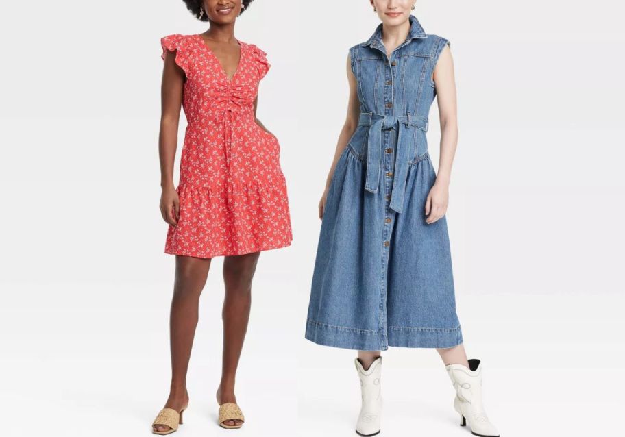 two models wearing sleeveless target dresses