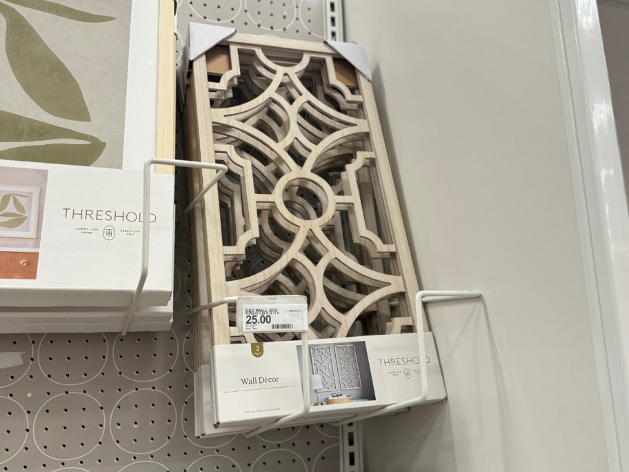 rustic wood lattice wall art set on a shelf at Target