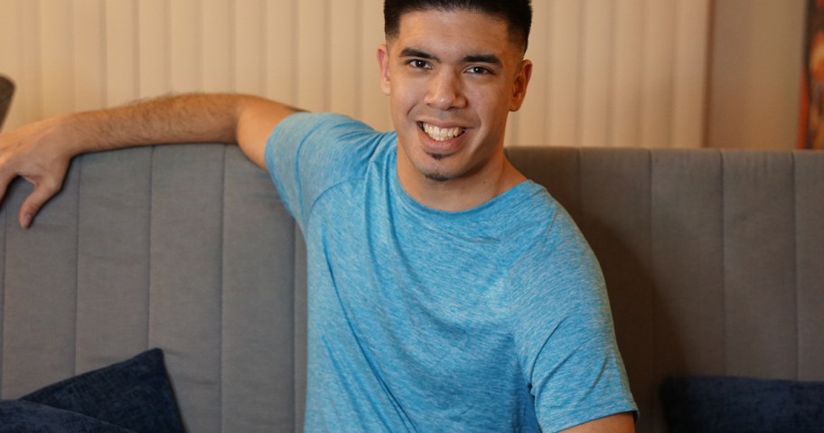 man wearing blue cooling tee 