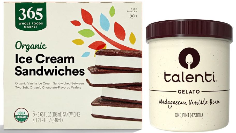 a box of organic ice cream sandwich and a pint of vanilla gelato