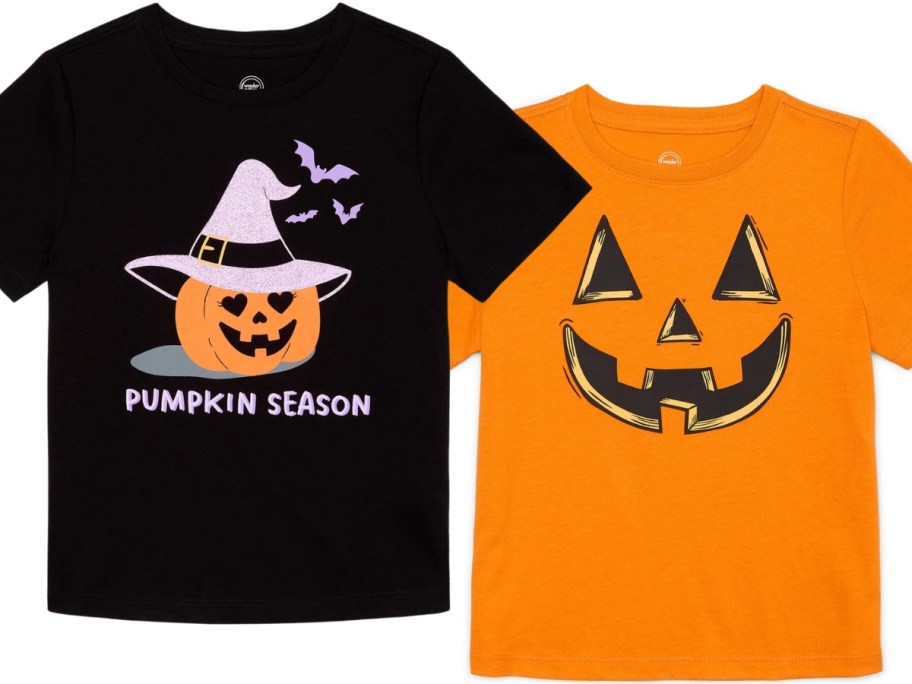 toddler Halloween graphic tees, 1 in black with a pumpkin wearing a witch hat, the other orange with a jackolantern face