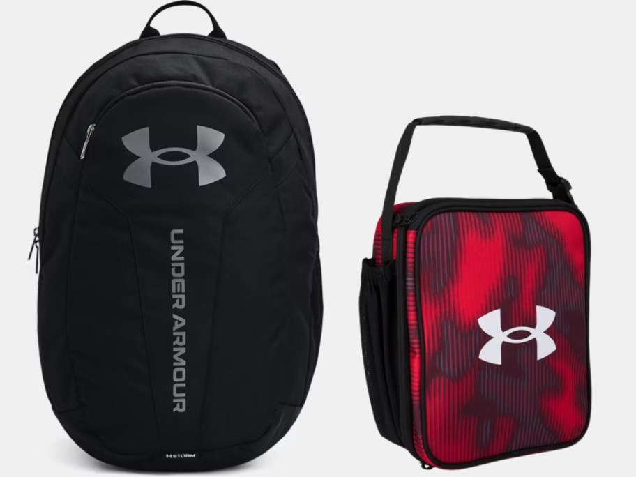 black and silver Under Armour Backpack and red, black, and white Under Armour Lunchbox