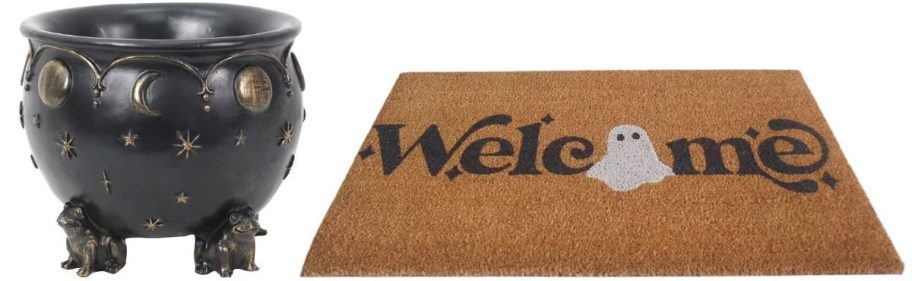 a black cauldron and a coir welcome mat