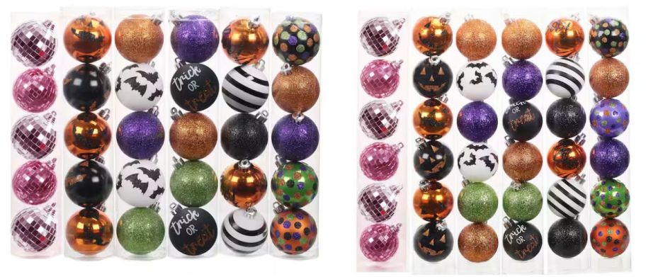 5 and 6 count tubes of halloween ball ornaments on a white back ground