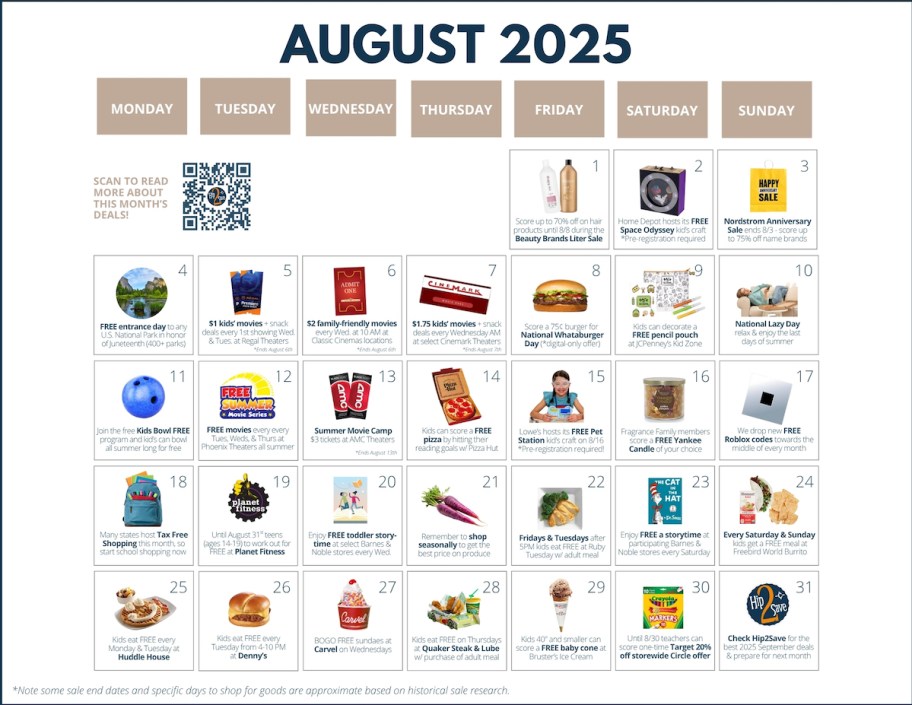 August 2025 calendar with various deals in sales 