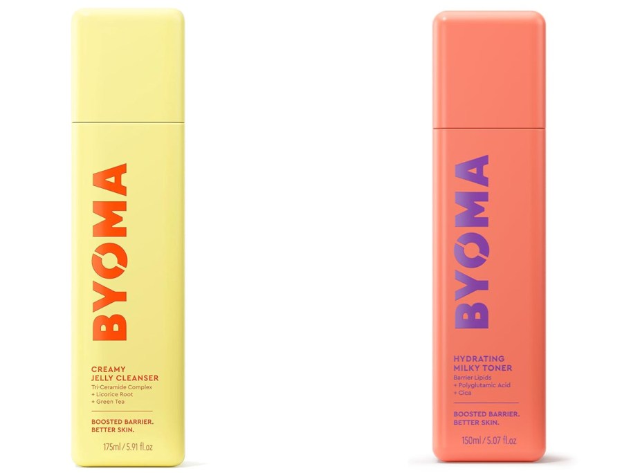 Bottles of BYOMA Creamy Jelly Cleanser and Hydrating Milky Toner