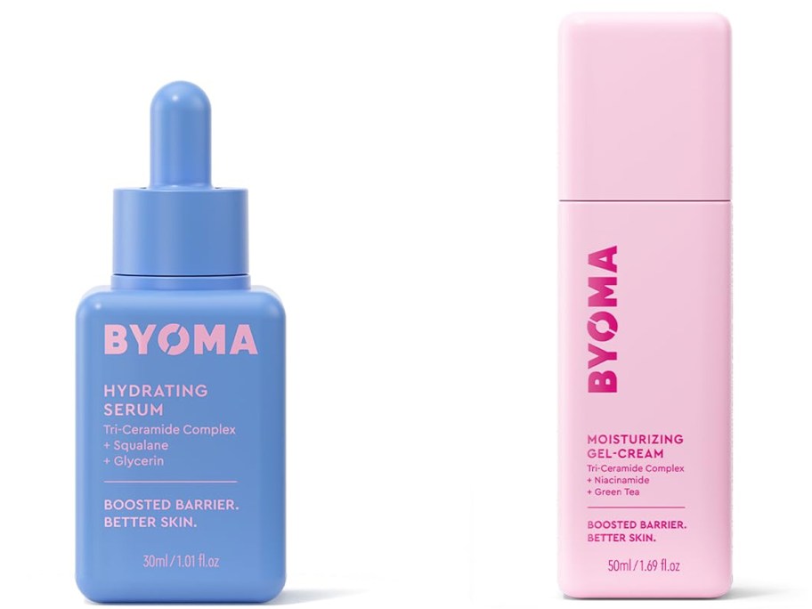 Bottles of BYOMA Hydrating Serum and Moisturizing Gel Cream