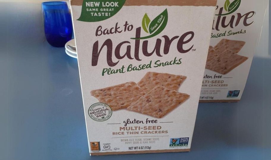 a box of back to nature crackers on a kitchen counter