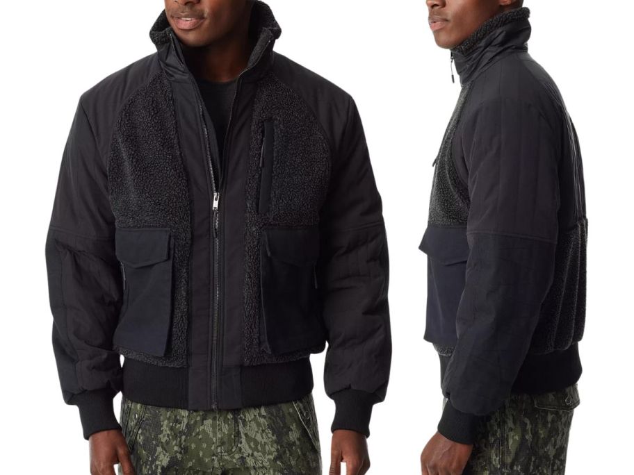 2 men in a mixed-media bomber jacket