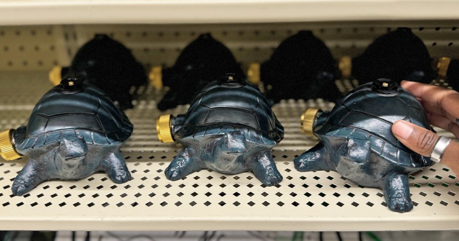 hand touching Blue Turtle Sprinklers on store shelf