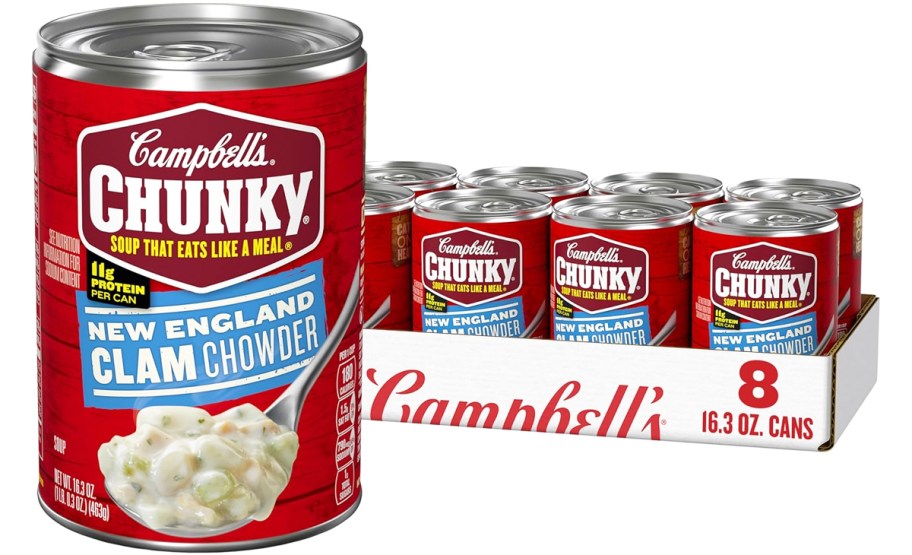 8-pack case of Campbell’s Chunky Soups in New England Clam Chowder