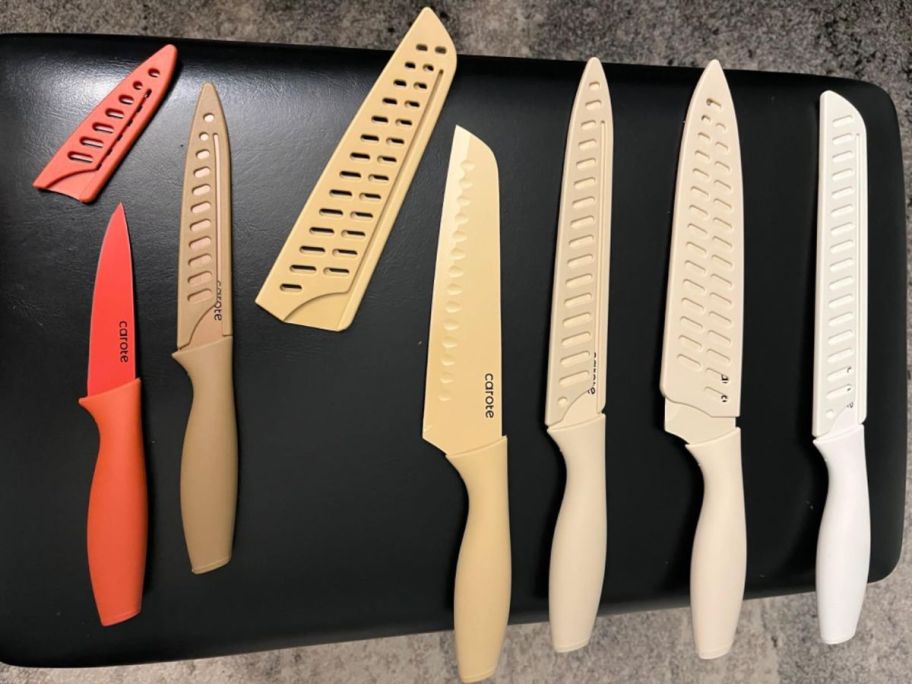 Carote 12-Piece Kitchen Knife Set w/ Non-Stick Ceramic Coating on board